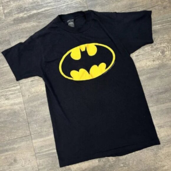 Vintage 80s Batman Yellow Bat Logo Large T-Shirt Black DC Comics Anvil‎ USA - Picture 1 of 5